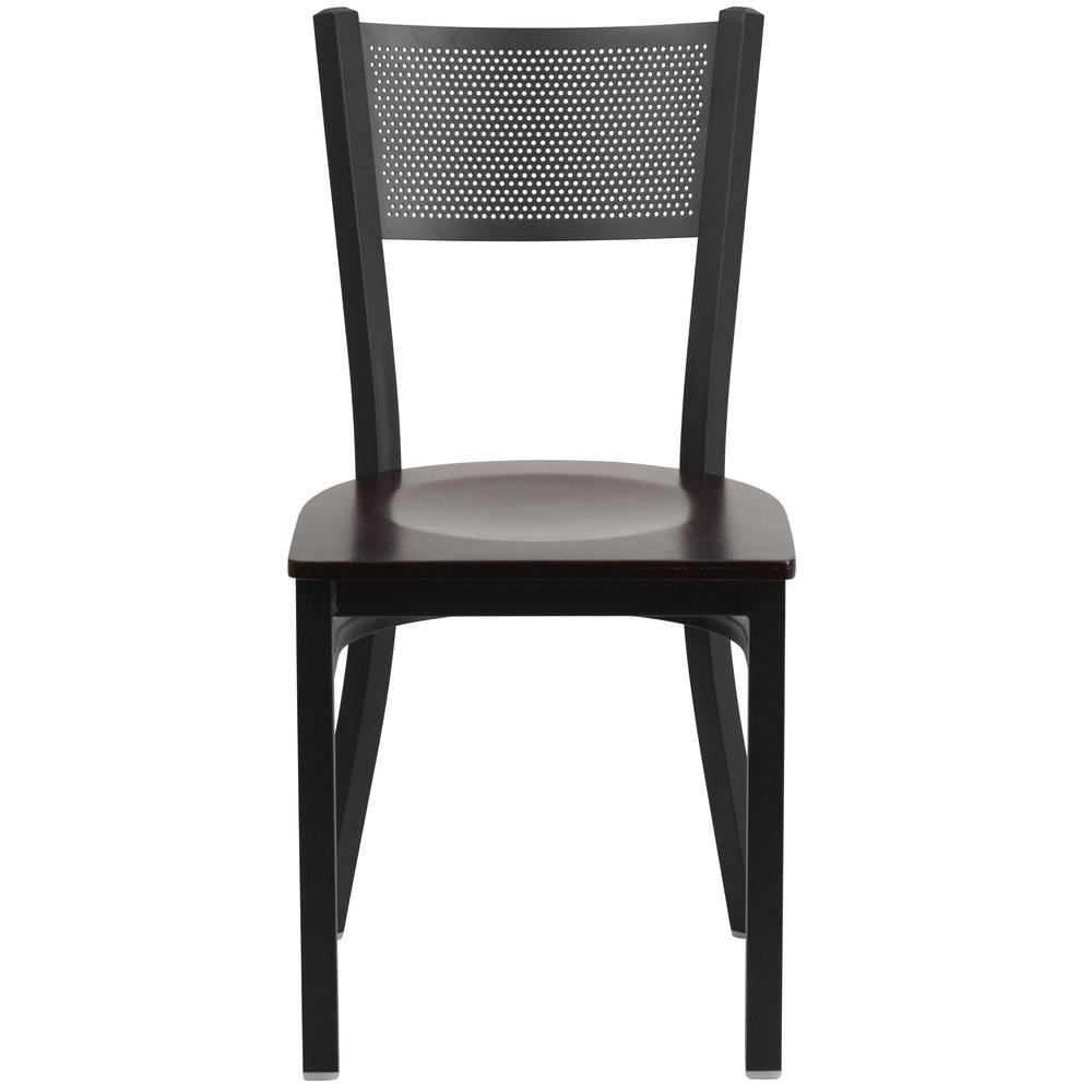Black Grid Back Metal Restaurant Chair - Walnut Wood Seat. Picture 4