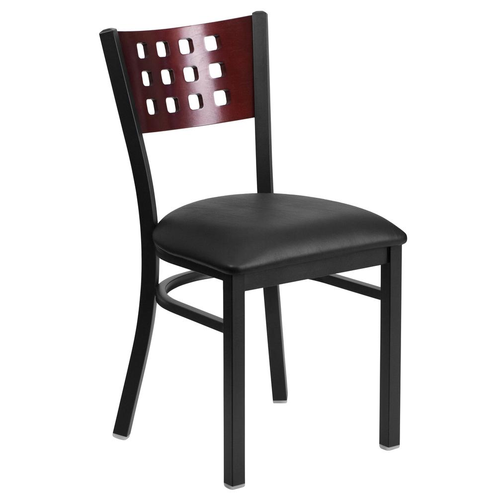 HERCULES Series Black Cutout Back Metal Restaurant Chair - Mahogany Wood Back, Black Vinyl Seat. Picture 2