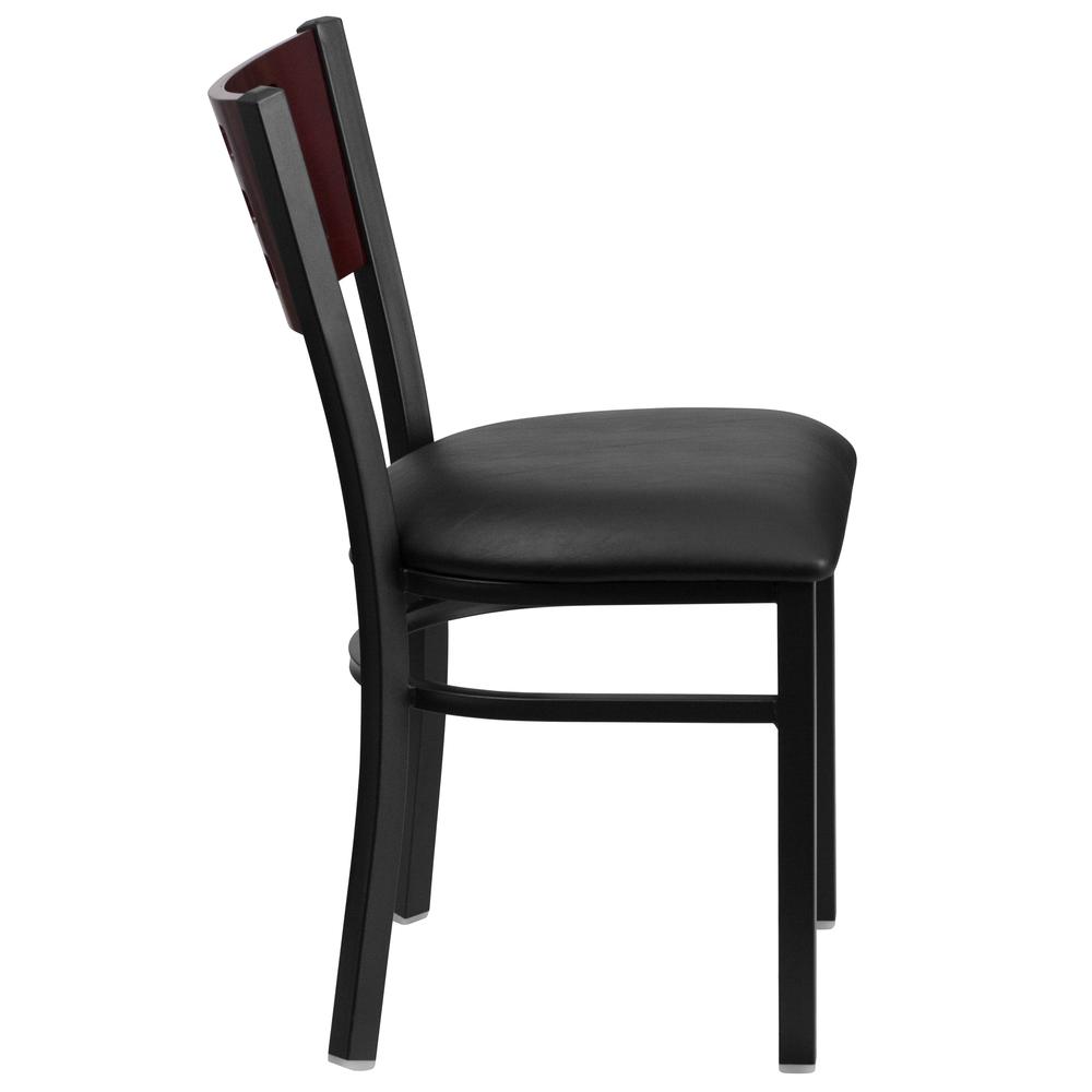 Black Cutout Back Metal Restaurant Chair - Mahogany Wood Back, Black Vinyl Seat. Picture 3