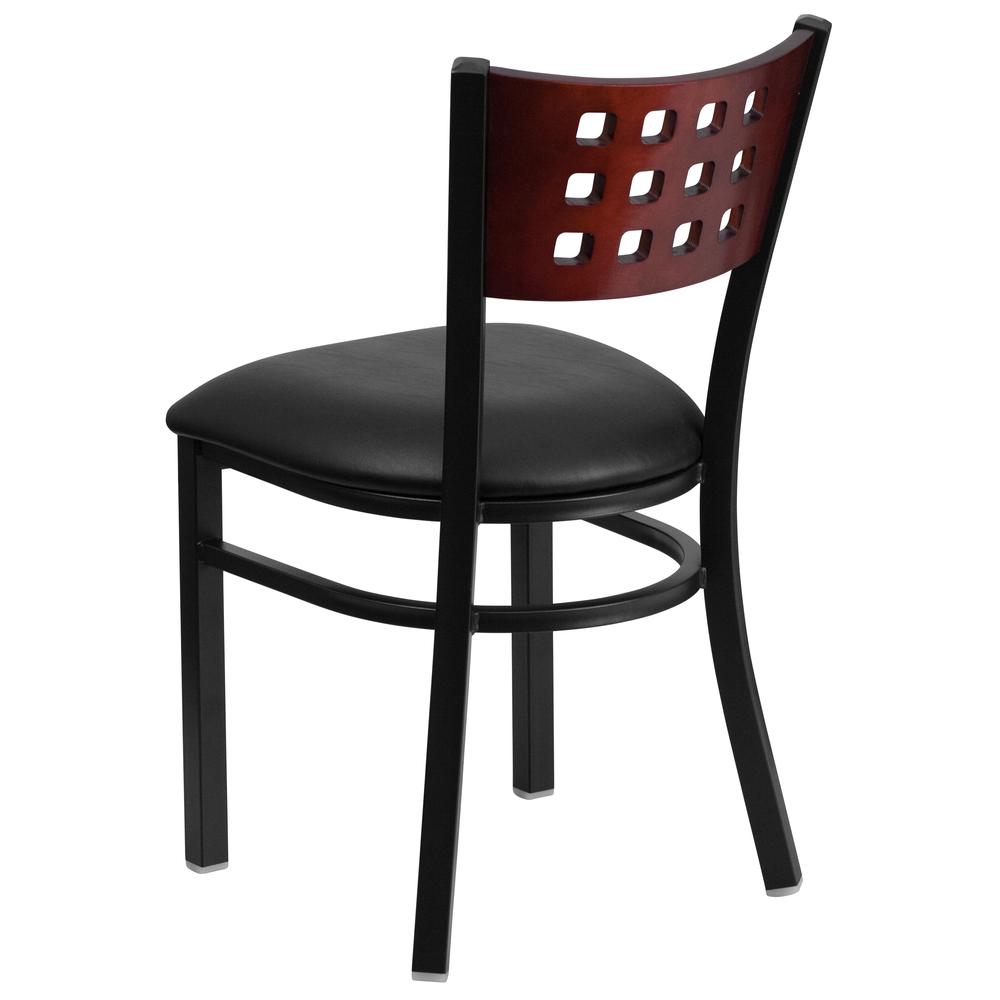 HERCULES Series Black Cutout Back Metal Restaurant Chair - Mahogany Wood Back, Black Vinyl Seat. Picture 5