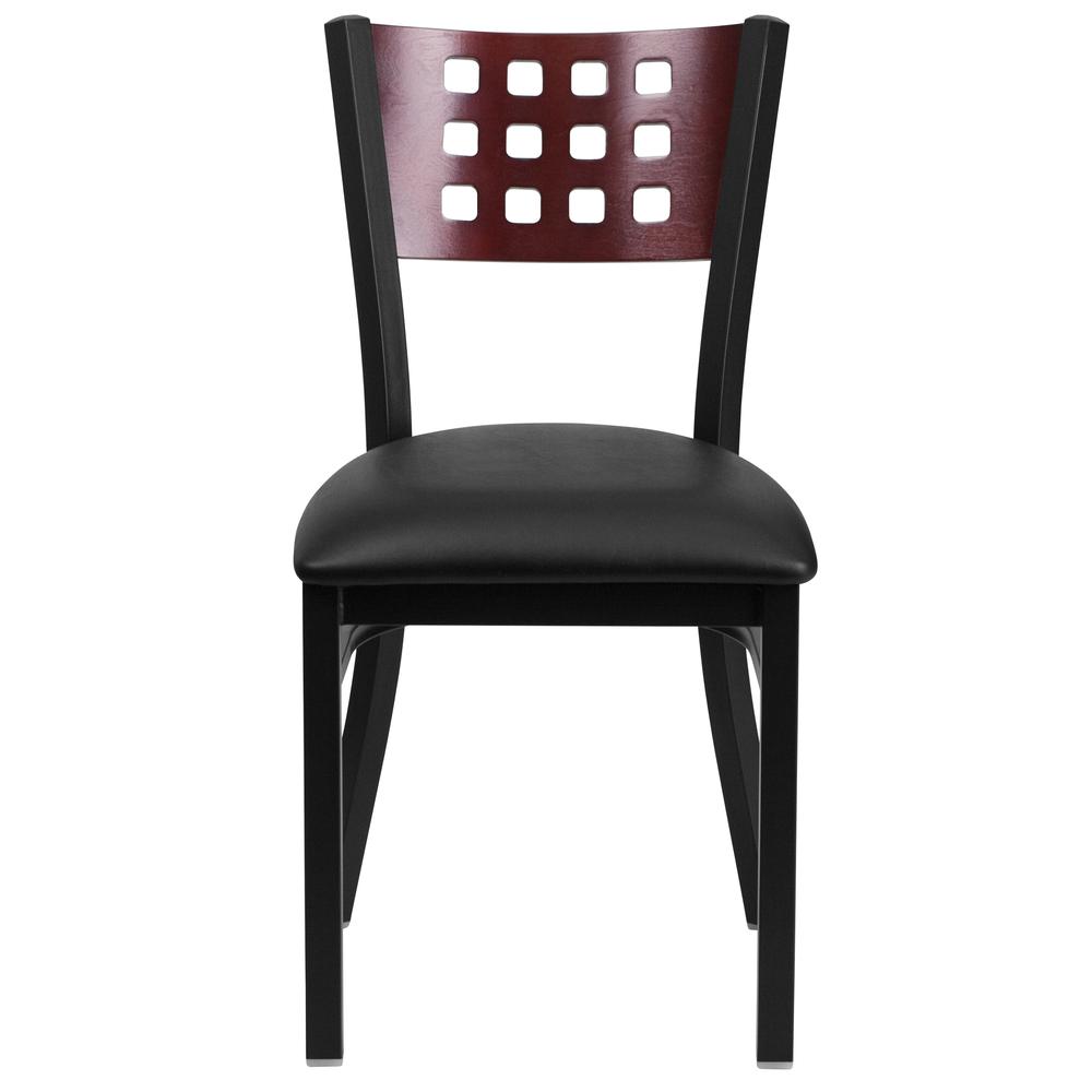 Black Cutout Back Metal Restaurant Chair - Mahogany Wood Back, Black Vinyl Seat. Picture 5