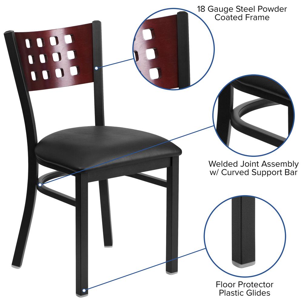 HERCULES Series Black Cutout Back Metal Restaurant Chair - Mahogany Wood Back, Black Vinyl Seat. Picture 3