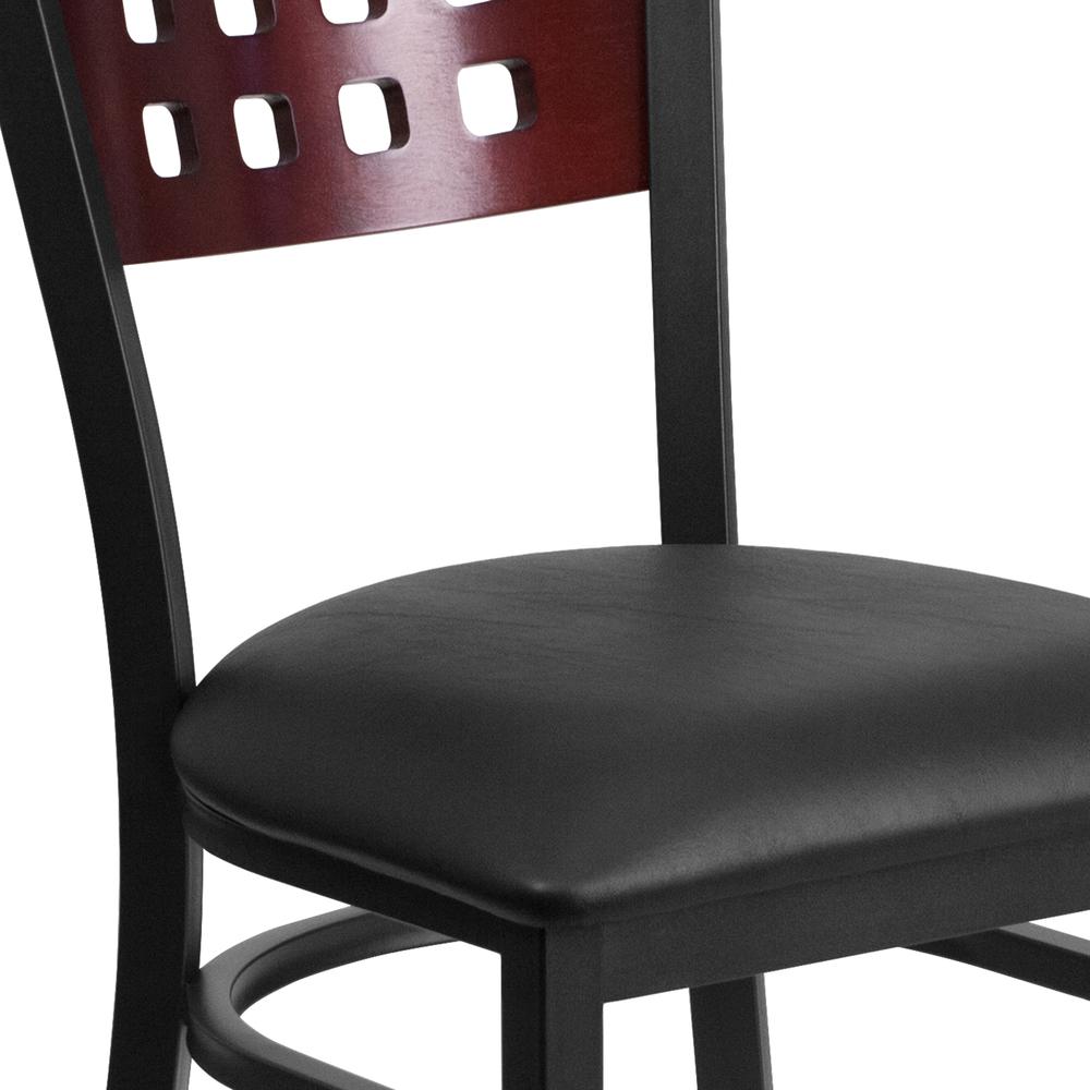Black Cutout Back Metal Restaurant Chair - Mahogany Wood Back, Black Vinyl Seat. Picture 7