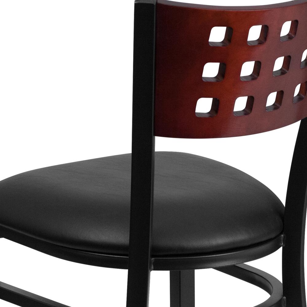 Black Cutout Back Metal Restaurant Chair - Mahogany Wood Back, Black Vinyl Seat. Picture 8