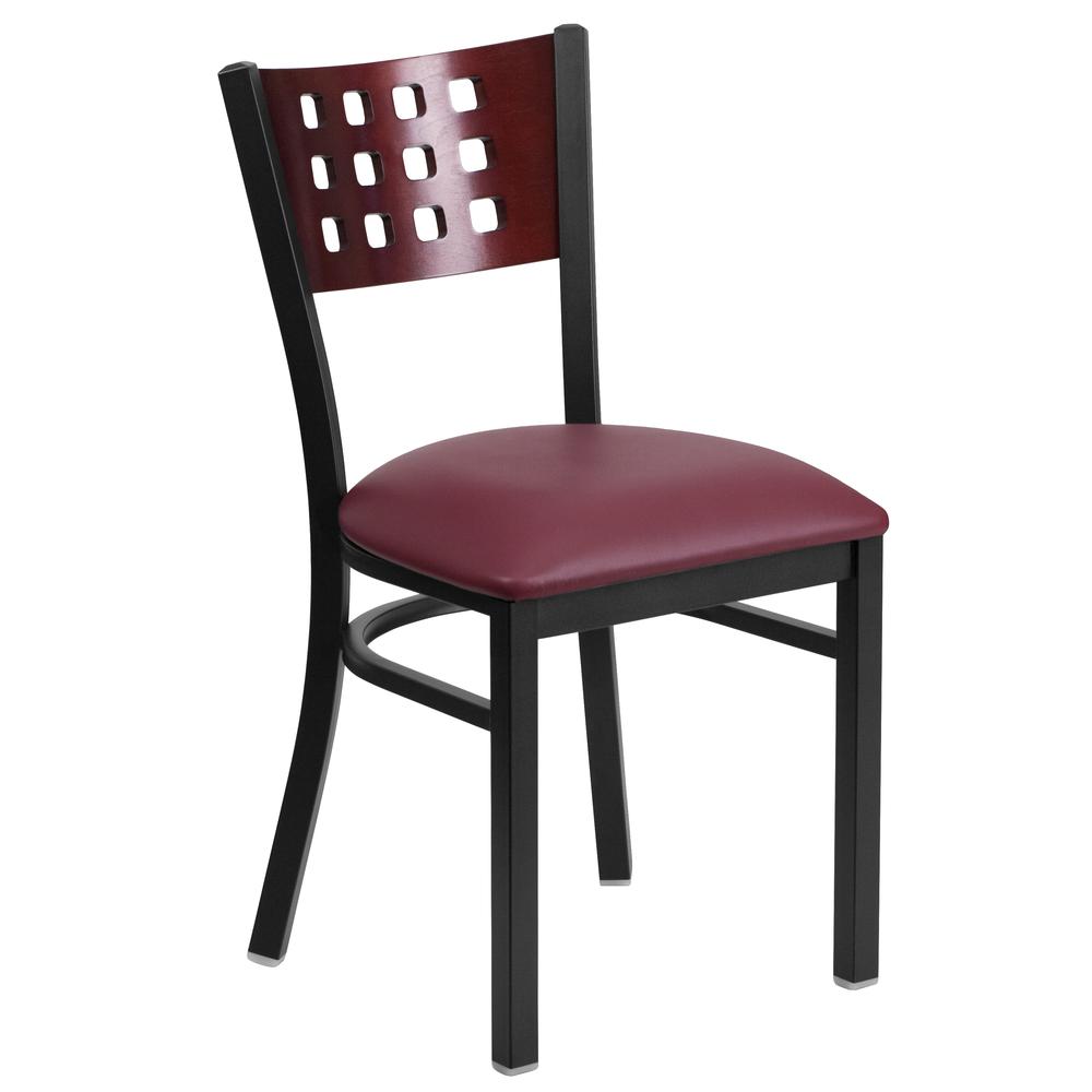 HERCULES Series Black Cutout Back Metal Restaurant Chair - Mahogany Wood Back, Burgundy Vinyl Seat. Picture 2