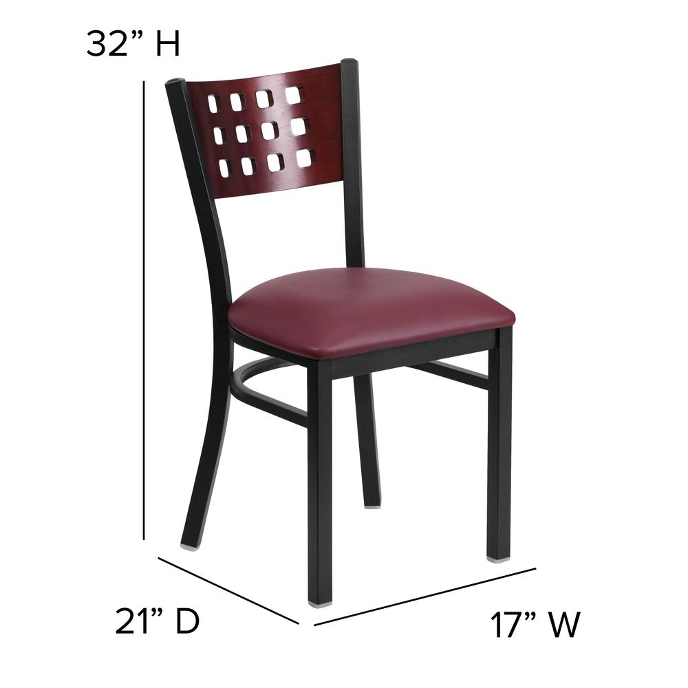 HERCULES Series Black Cutout Back Metal Restaurant Chair - Mahogany Wood Back, Burgundy Vinyl Seat. Picture 4