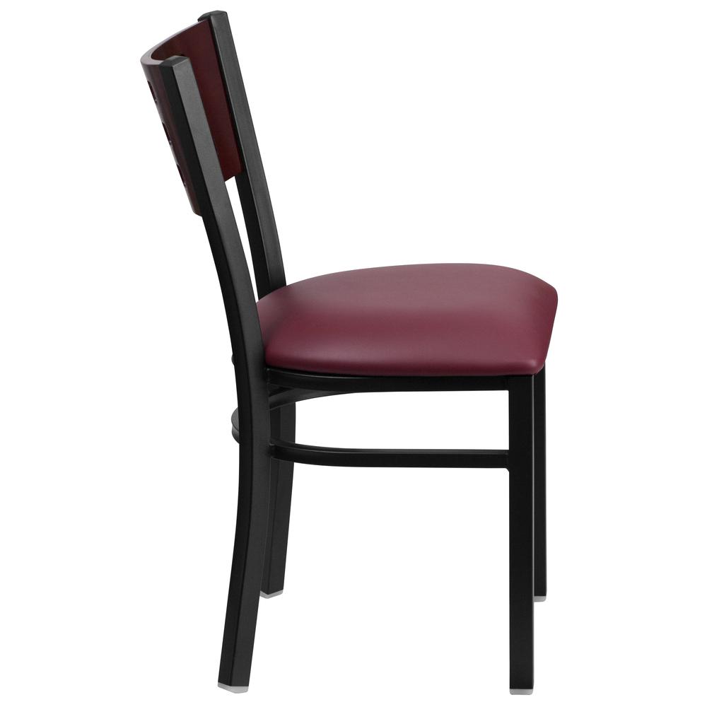 Black Cutout Back Metal Restaurant Chair - Mahogany Wood Back, Burgundy Vinyl Seat. Picture 3