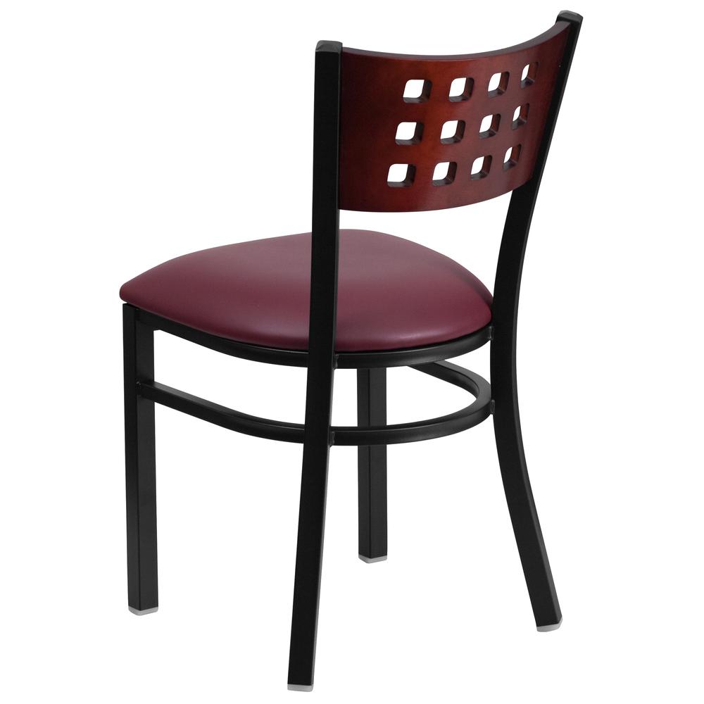 HERCULES Series Black Cutout Back Metal Restaurant Chair - Mahogany Wood Back, Burgundy Vinyl Seat. Picture 5