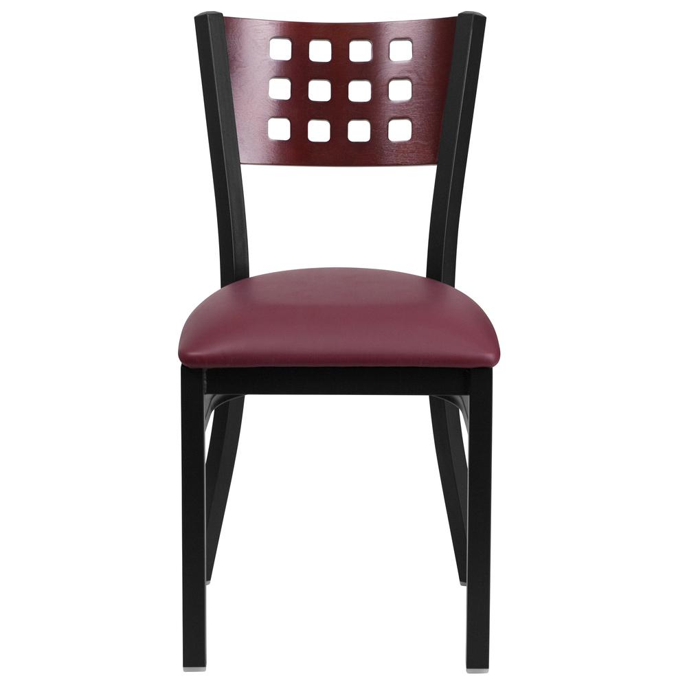 Black Cutout Back Metal Restaurant Chair - Mahogany Wood Back, Burgundy Vinyl Seat. Picture 5