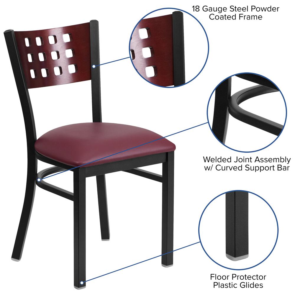 HERCULES Series Black Cutout Back Metal Restaurant Chair - Mahogany Wood Back, Burgundy Vinyl Seat. Picture 3