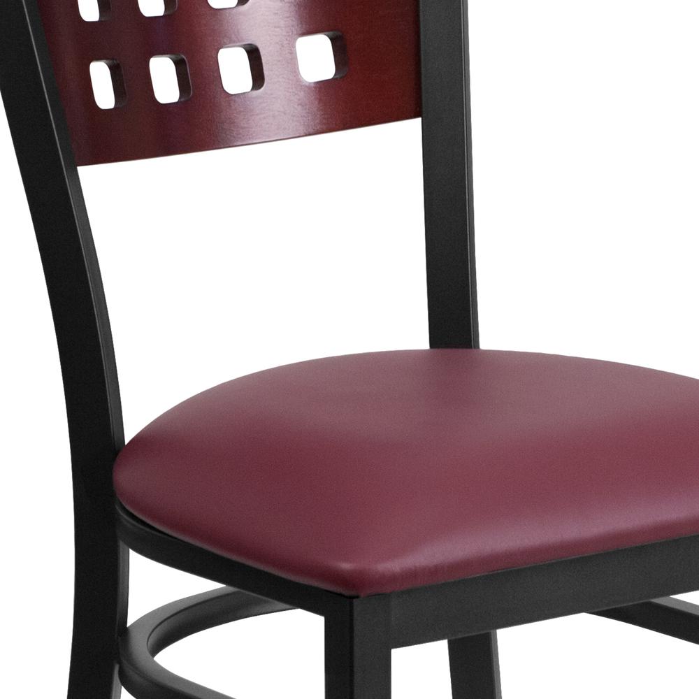 Black Cutout Back Metal Restaurant Chair - Mahogany Wood Back, Burgundy Vinyl Seat. Picture 7