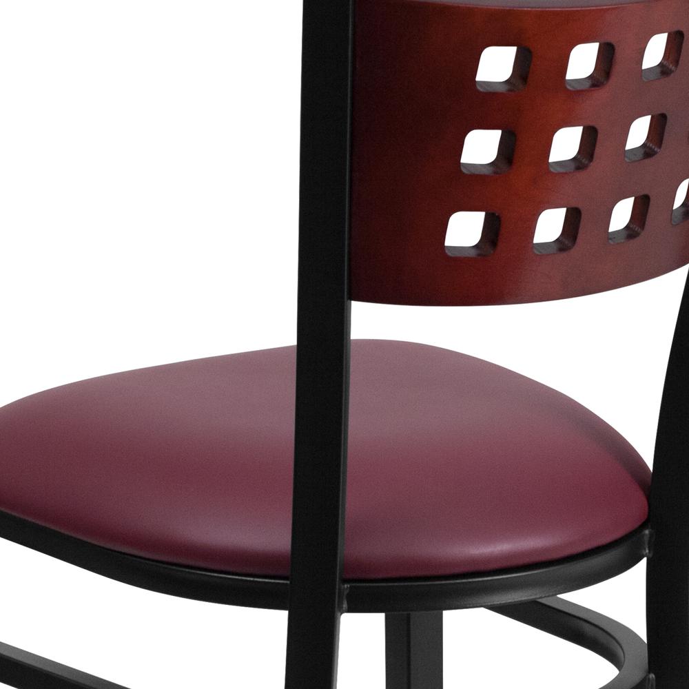 Black Cutout Back Metal Restaurant Chair - Mahogany Wood Back, Burgundy Vinyl Seat. Picture 8