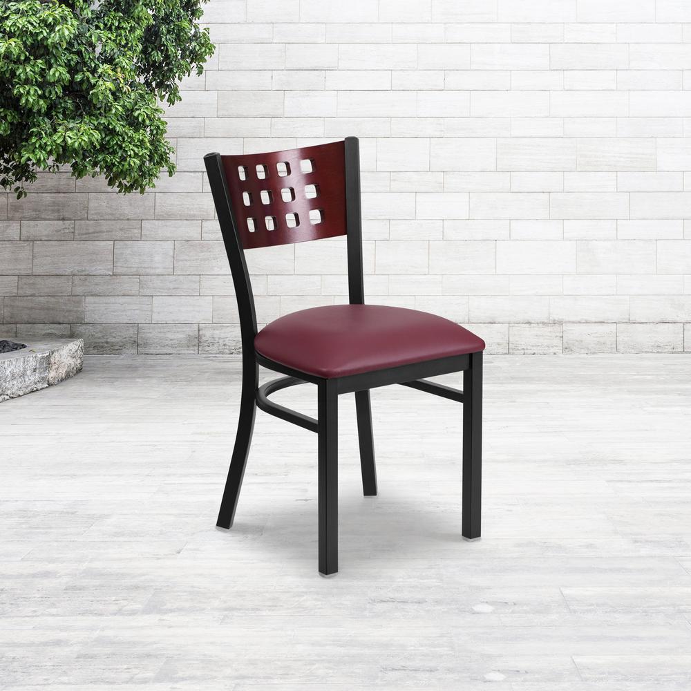 HERCULES Series Black Cutout Back Metal Restaurant Chair - Mahogany Wood Back, Burgundy Vinyl Seat. Picture 1