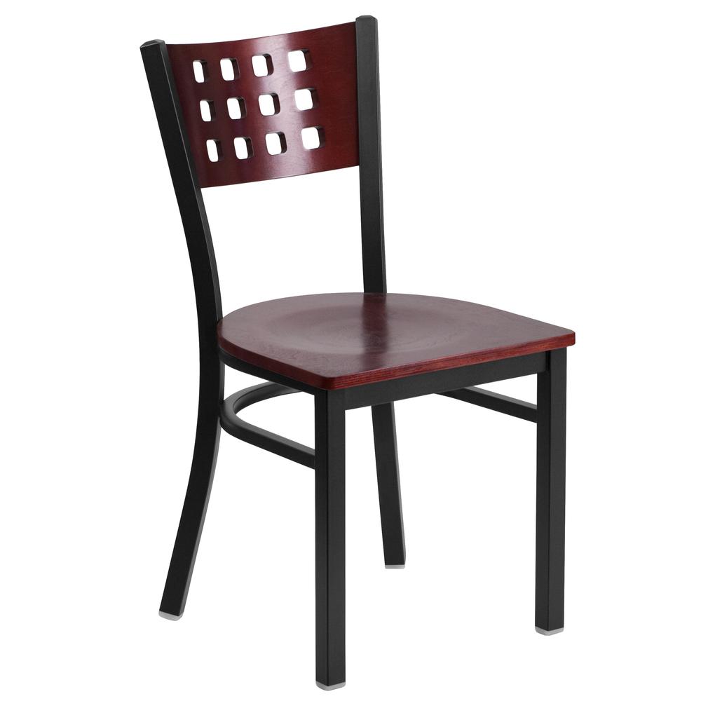 Black Cutout Back Metal Restaurant Chair - Mahogany Wood Back & Seat. Picture 2