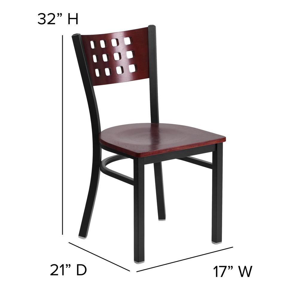 Black Cutout Back Metal Restaurant Chair - Mahogany Wood Back & Seat. Picture 4