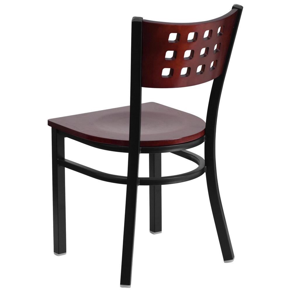Black Cutout Back Metal Restaurant Chair - Mahogany Wood Back & Seat. Picture 5