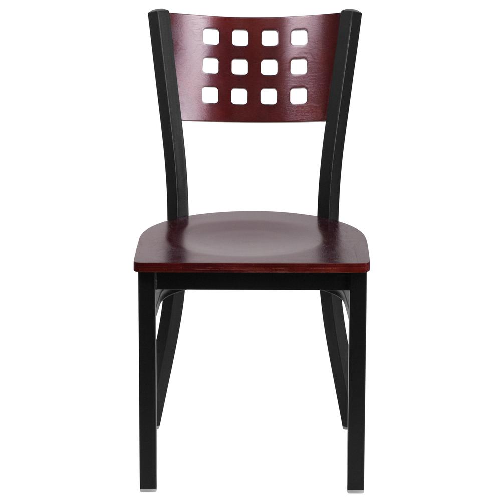 Black Cutout Back Metal Restaurant Chair - Mahogany Wood Back & Seat. Picture 5