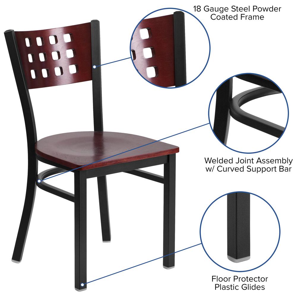 Black Cutout Back Metal Restaurant Chair - Mahogany Wood Back & Seat. Picture 3