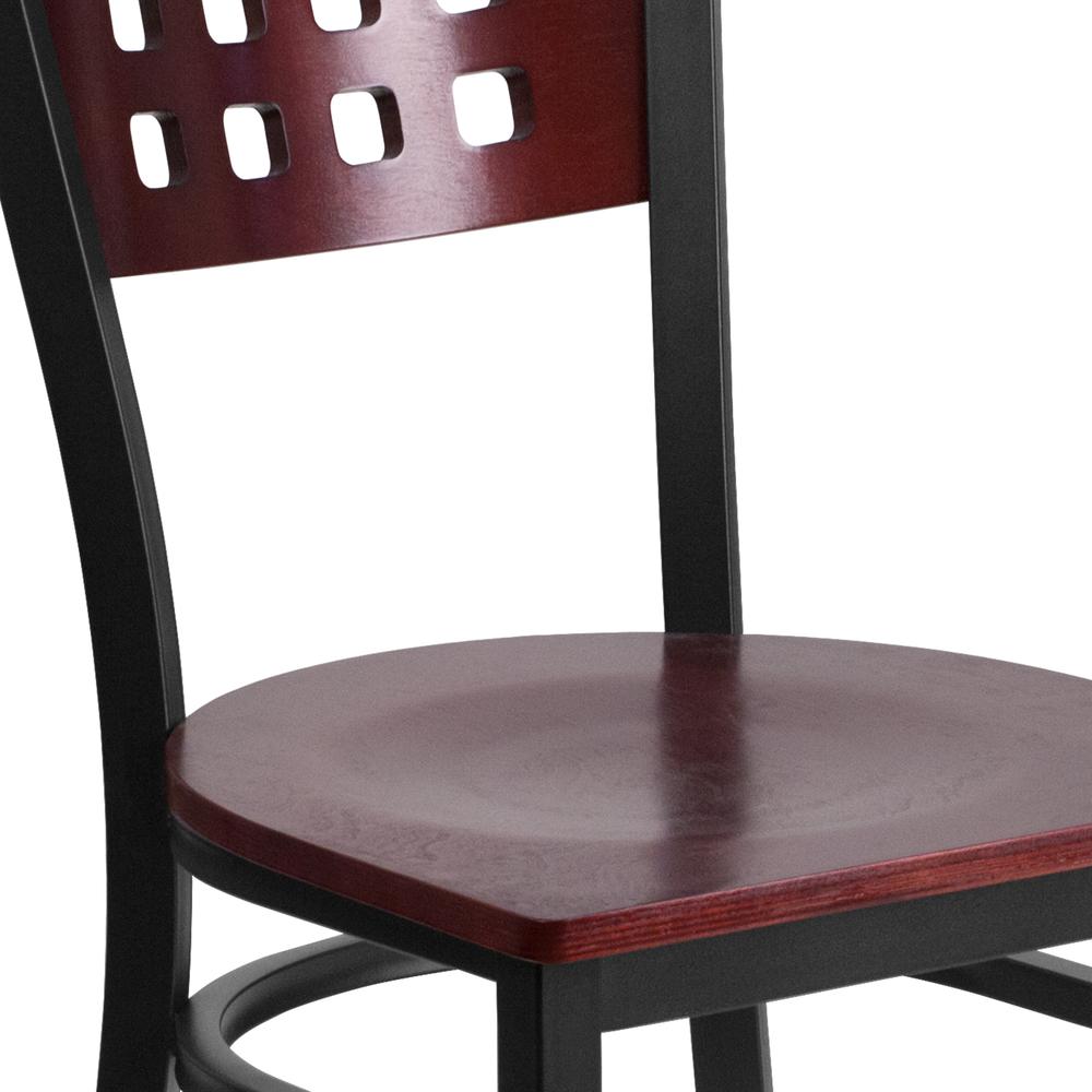 Black Cutout Back Metal Restaurant Chair - Mahogany Wood Back & Seat. Picture 7