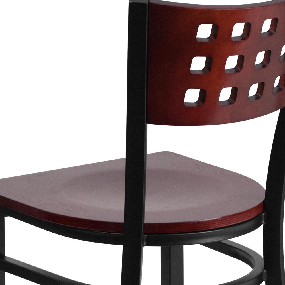 Black Cutout Back Metal Restaurant Chair - Mahogany Wood Back & Seat. Picture 8