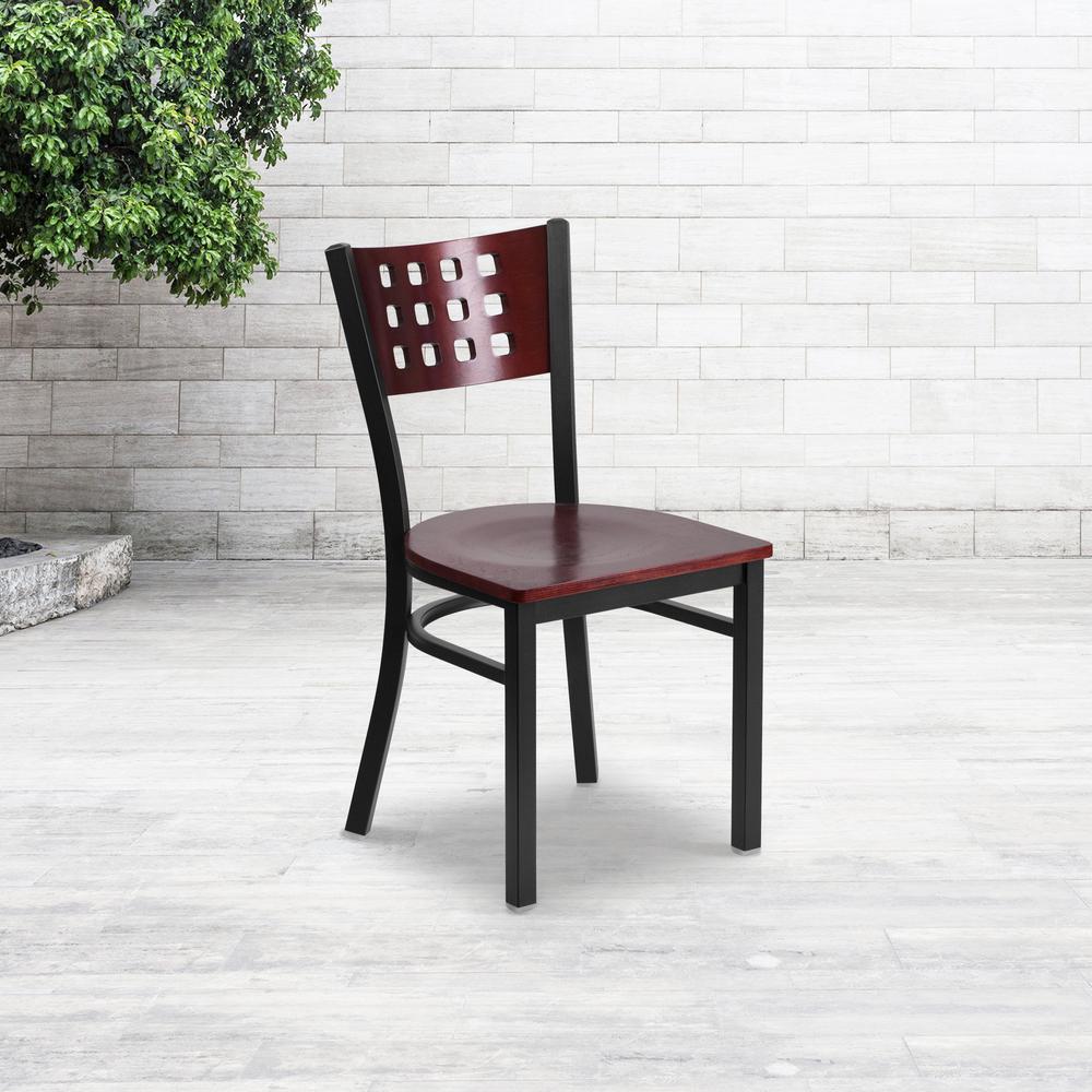 Black Cutout Back Metal Restaurant Chair - Mahogany Wood Back & Seat. Picture 9