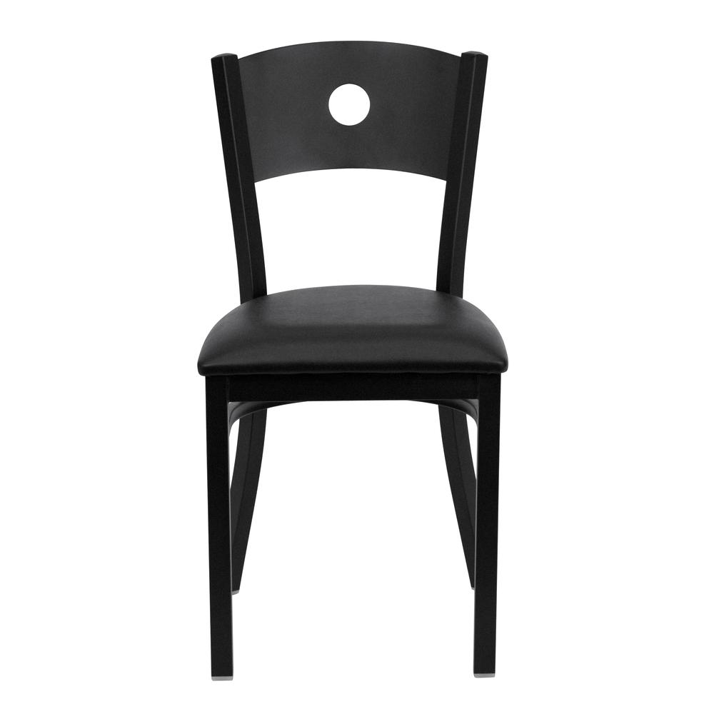 HERCULES Series Black Circle Back Metal Restaurant Chair - Black Vinyl Seat. Picture 4