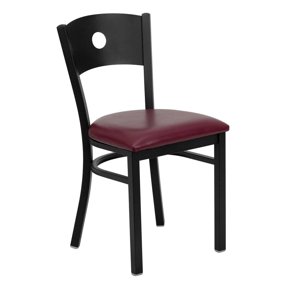 Black Circle Back Metal Restaurant Chair - Burgundy Vinyl Seat. Picture 1