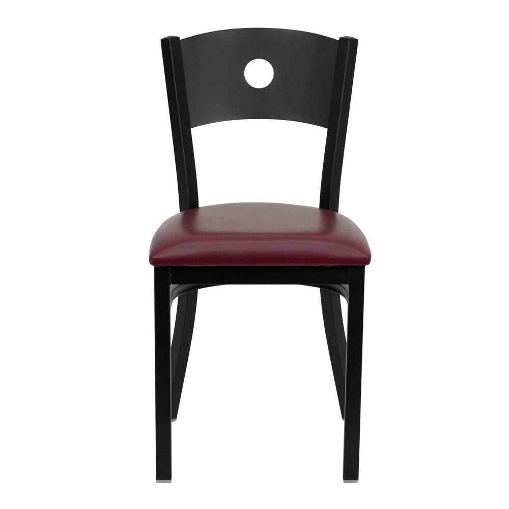 Black Circle Back Metal Restaurant Chair - Burgundy Vinyl Seat. Picture 4