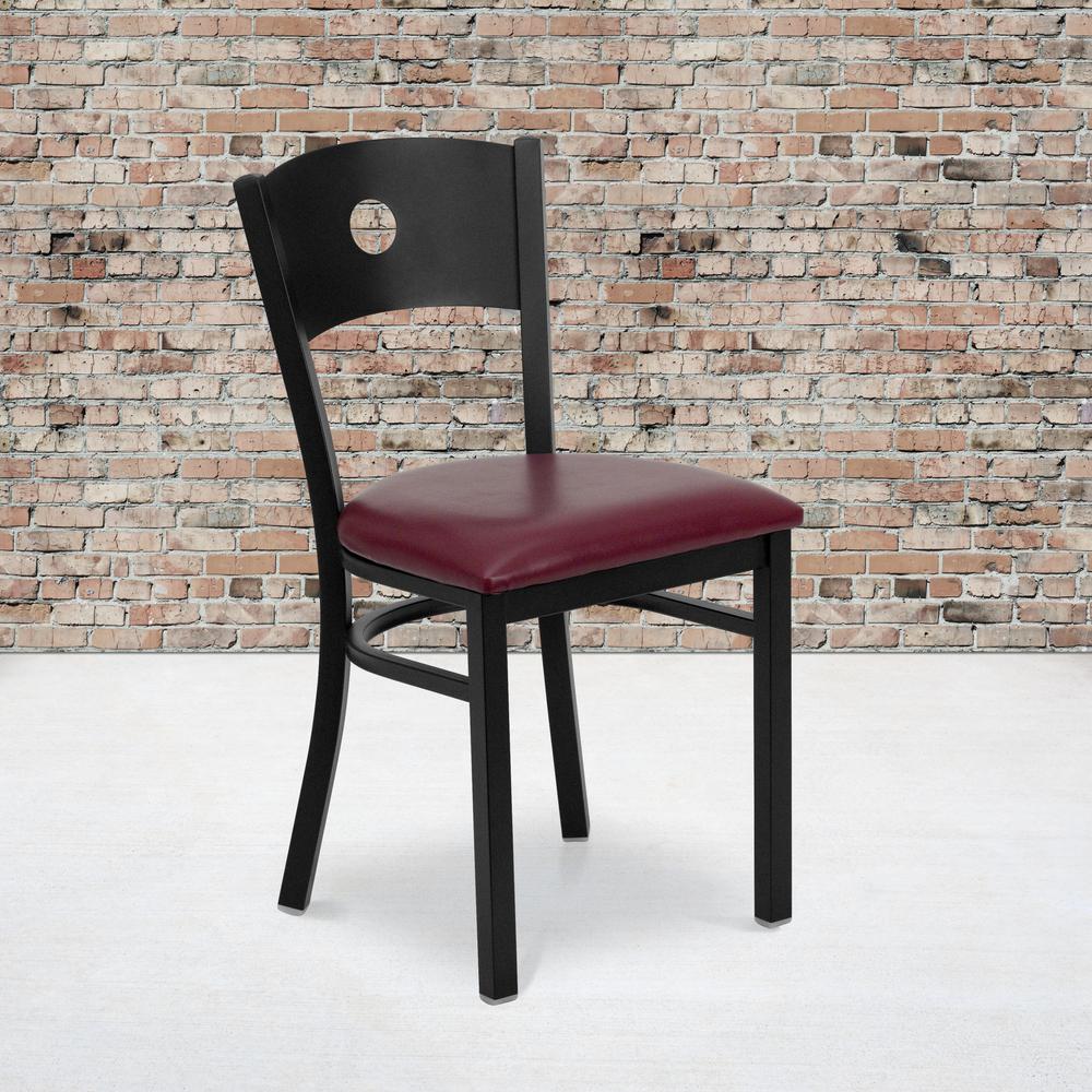 Black Circle Back Metal Restaurant Chair - Burgundy Vinyl Seat. Picture 5