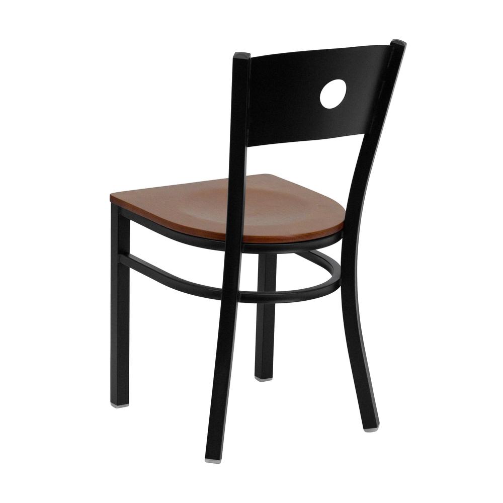 Black Circle Back Metal Restaurant Chair - Cherry Wood Seat. Picture 3