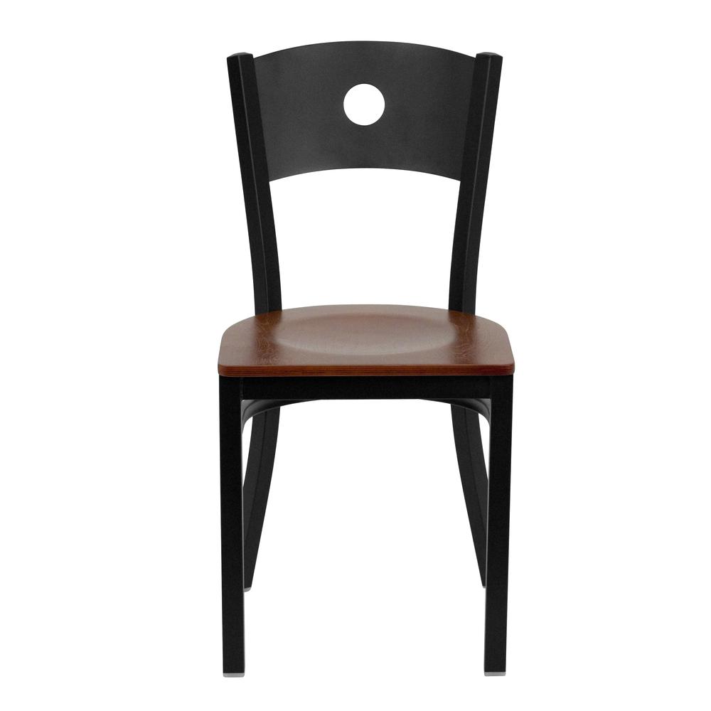 Black Circle Back Metal Restaurant Chair - Cherry Wood Seat. Picture 4