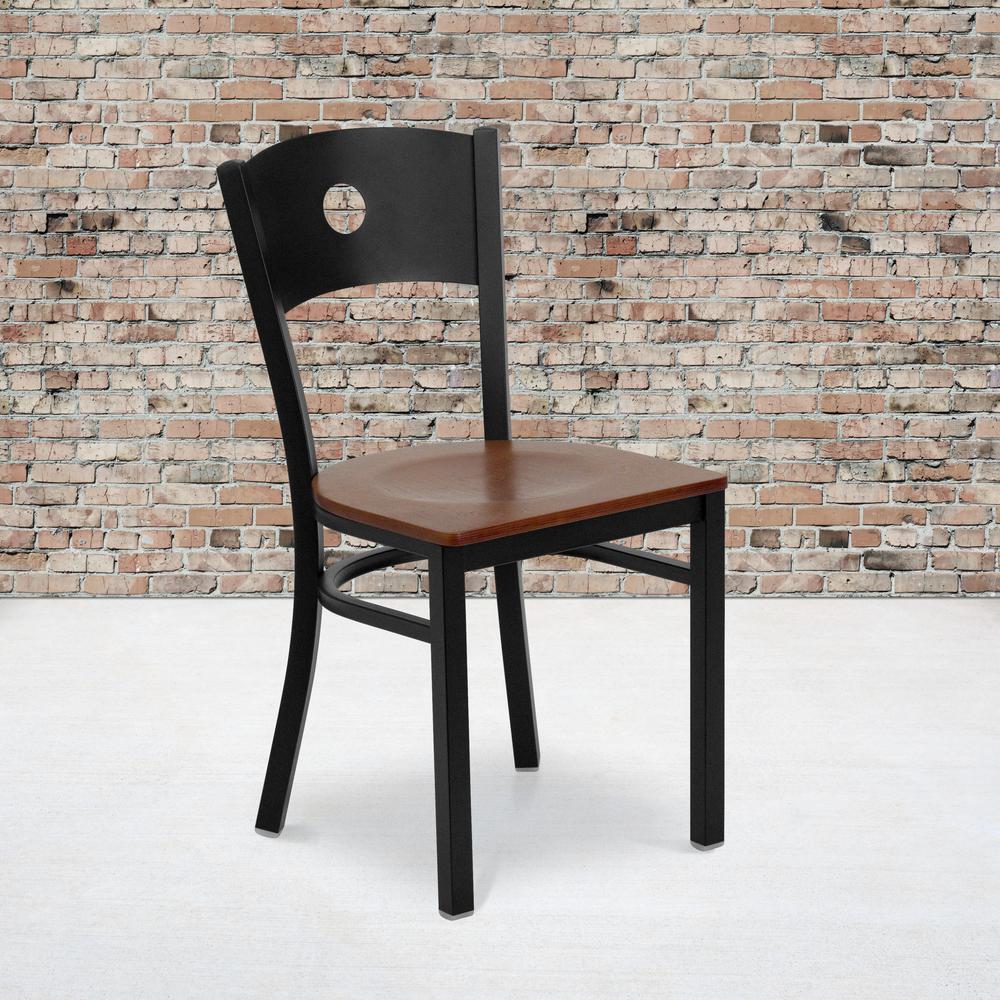 Black Circle Back Metal Restaurant Chair - Cherry Wood Seat. Picture 5