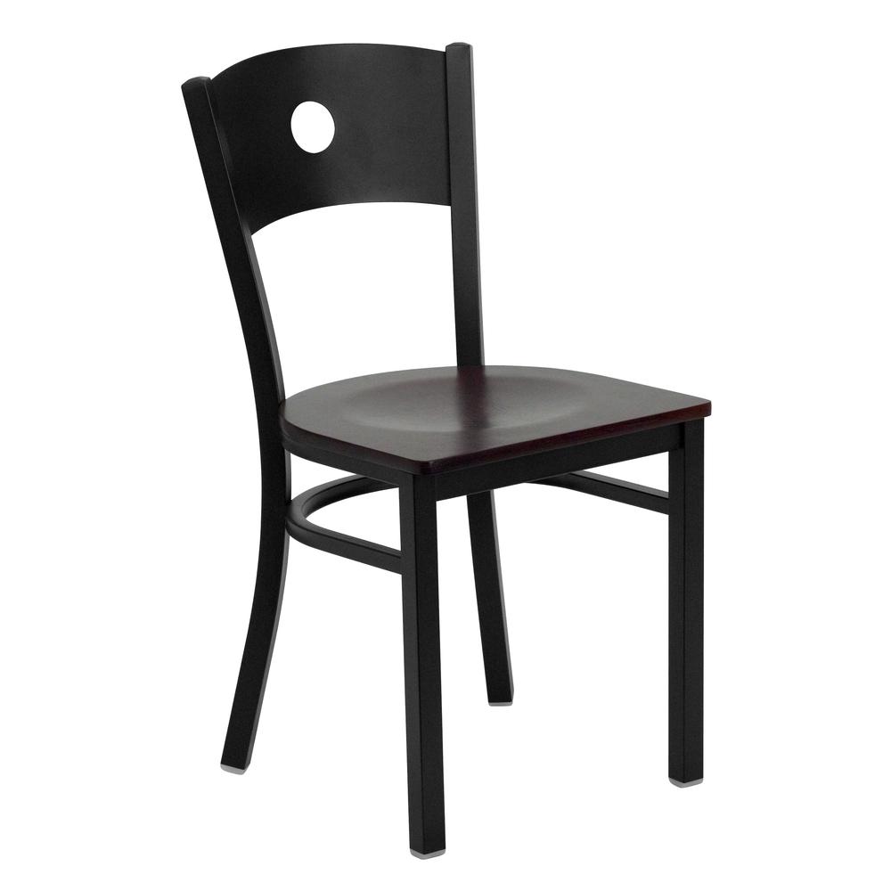HERCULES Series Black Circle Back Metal Restaurant Chair - Mahogany Wood Seat. Picture 1