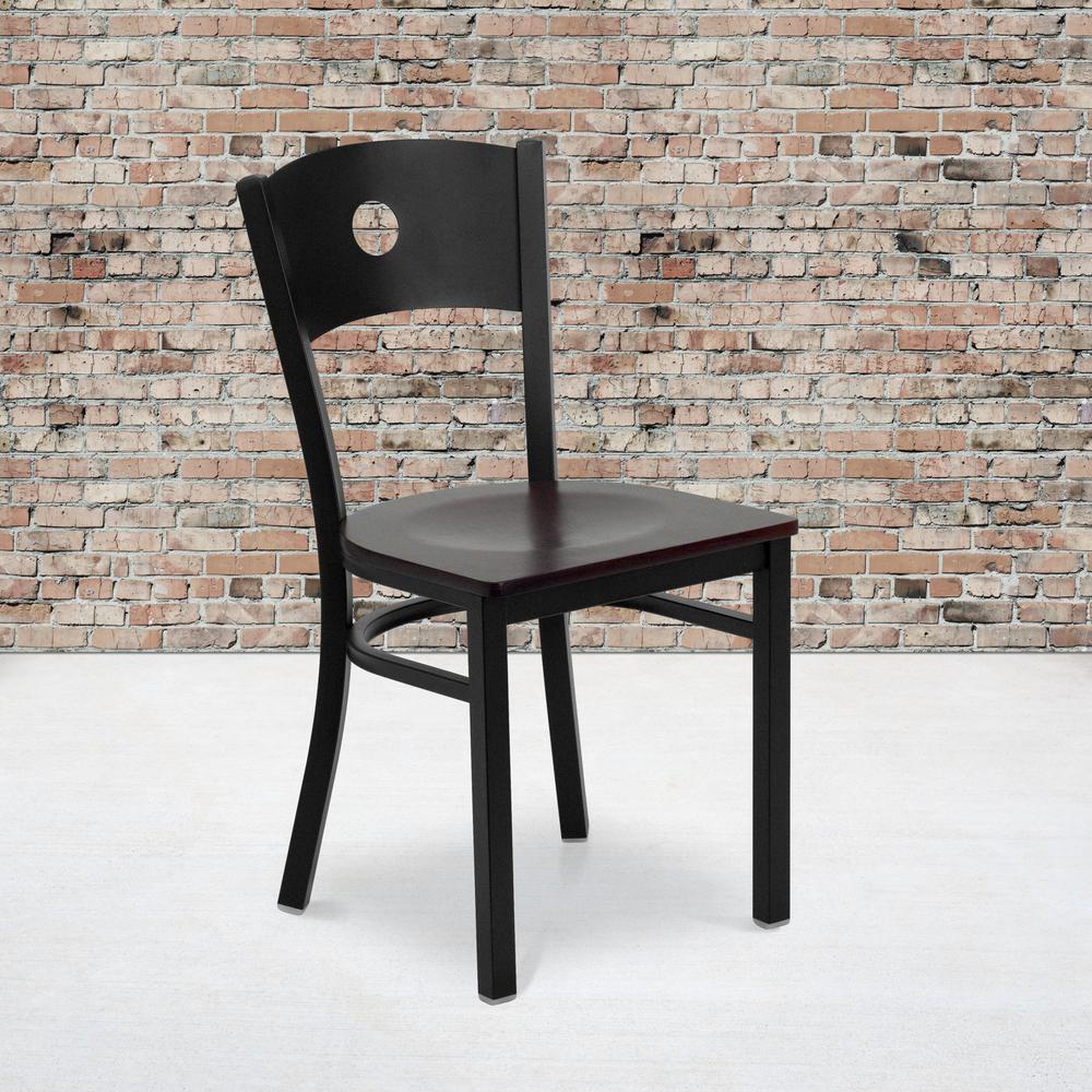 Black Circle Back Metal Restaurant Chair - Mahogany Wood Seat. Picture 5