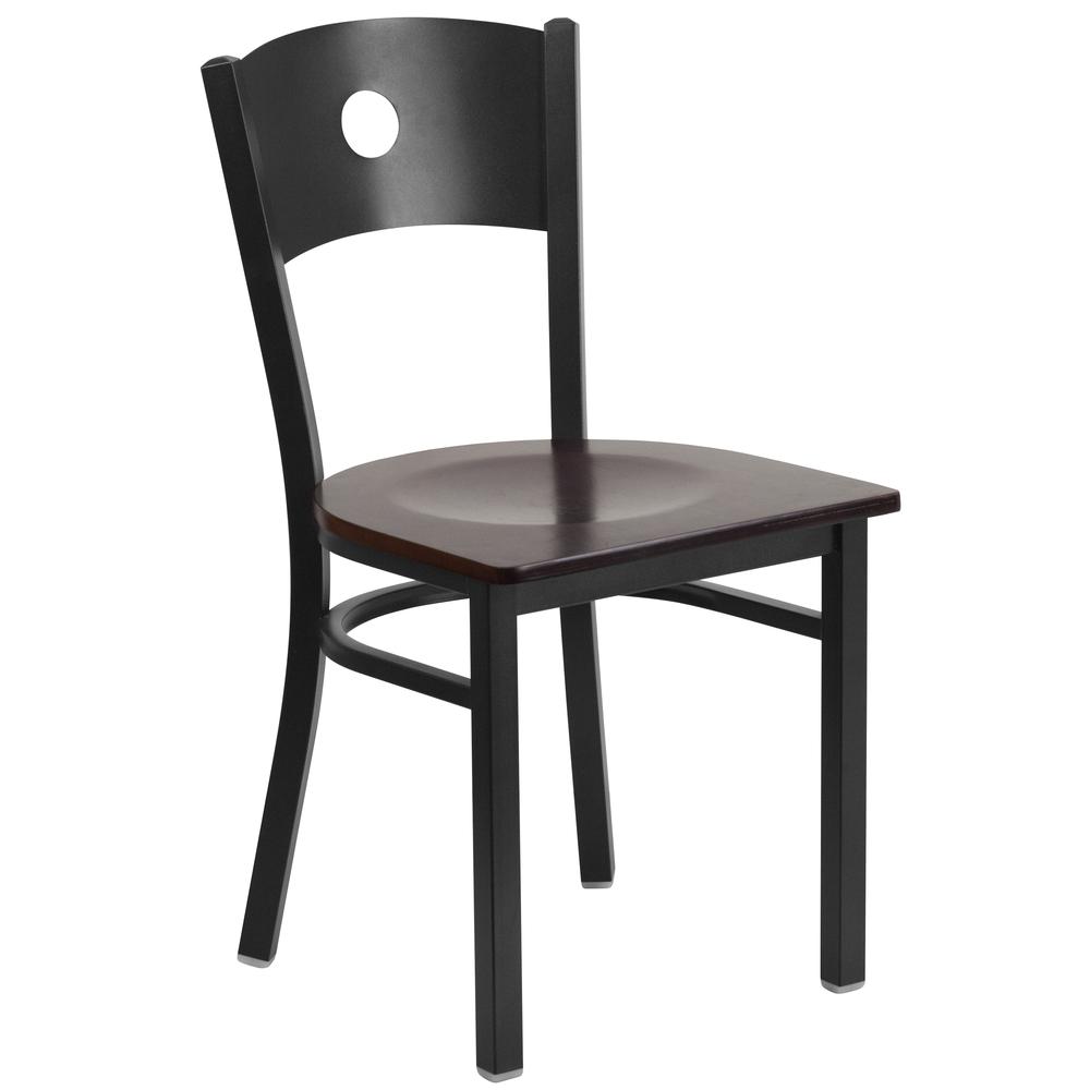 Black Circle Back Metal Restaurant Chair - Walnut Wood Seat. The main picture.