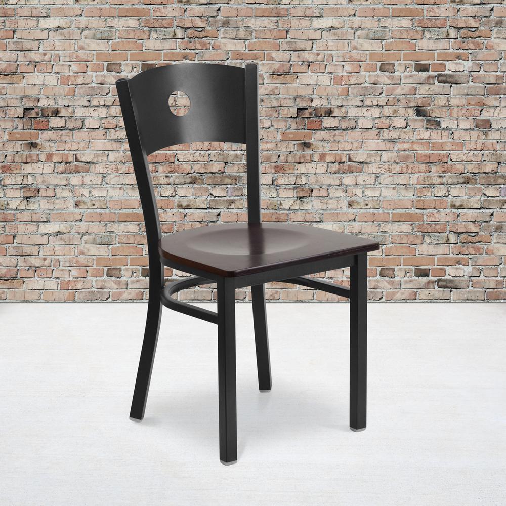 Black Circle Back Metal Restaurant Chair - Walnut Wood Seat. Picture 5