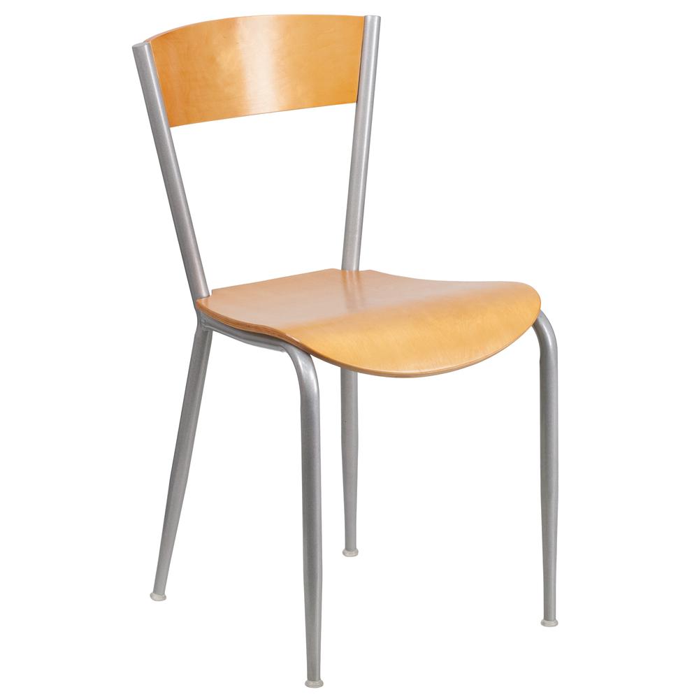 Silver Metal Restaurant Chair - Natural Wood Back & Seat. Picture 1
