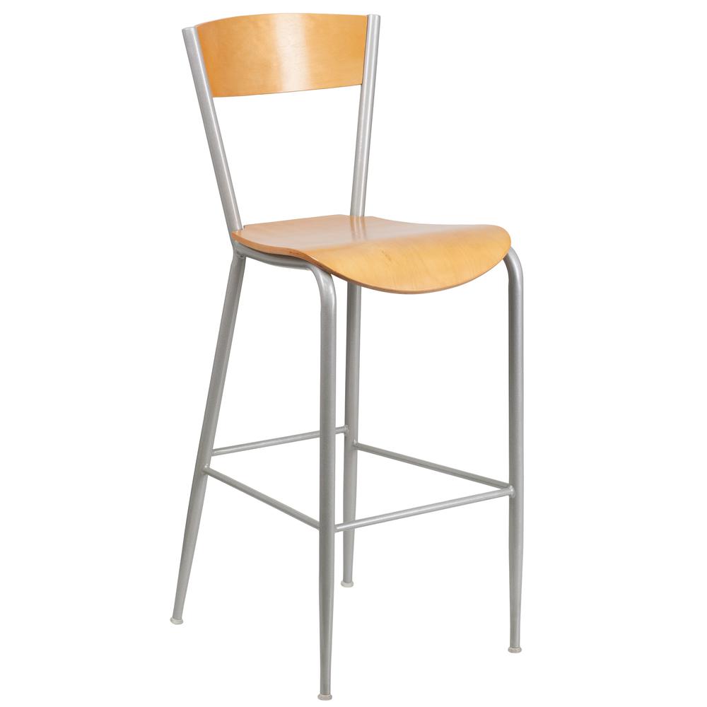 Silver Metal Restaurant Barstool - Natural Wood Back & Seat. Picture 1