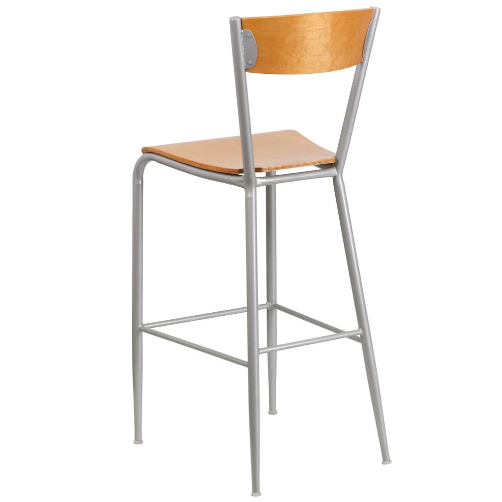 Silver Metal Restaurant Barstool - Natural Wood Back & Seat. Picture 3