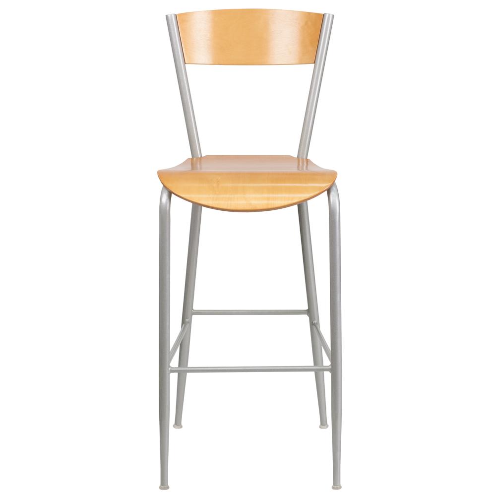 Silver Metal Restaurant Barstool - Natural Wood Back & Seat. Picture 4