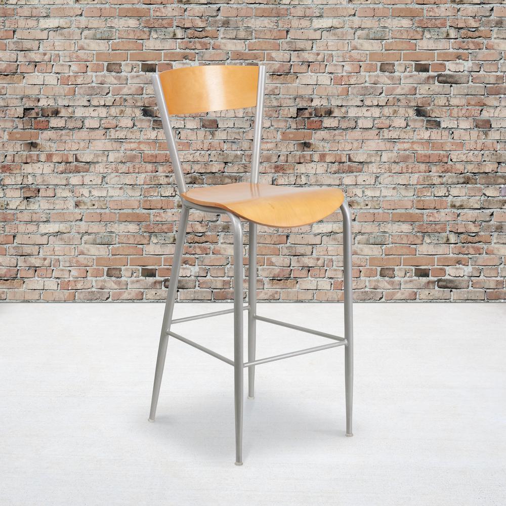 Silver Metal Restaurant Barstool - Natural Wood Back & Seat. Picture 5