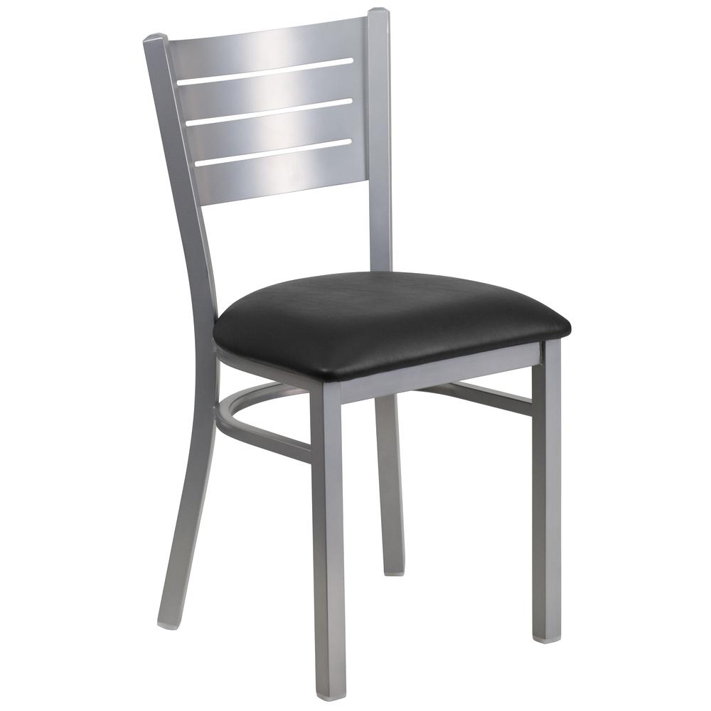 Silver Slat Back Metal Restaurant Chair - Black Vinyl Seat. Picture 1