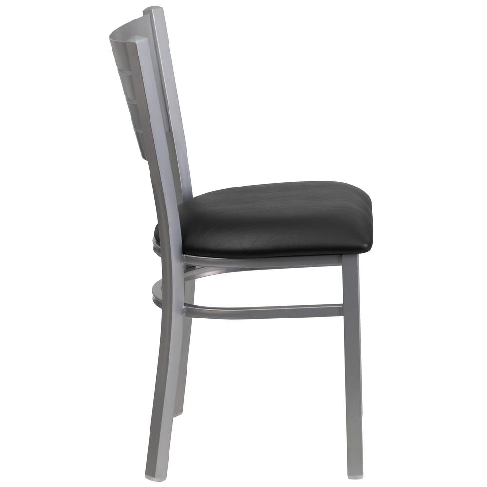 Silver Slat Back Metal Restaurant Chair - Black Vinyl Seat. Picture 2
