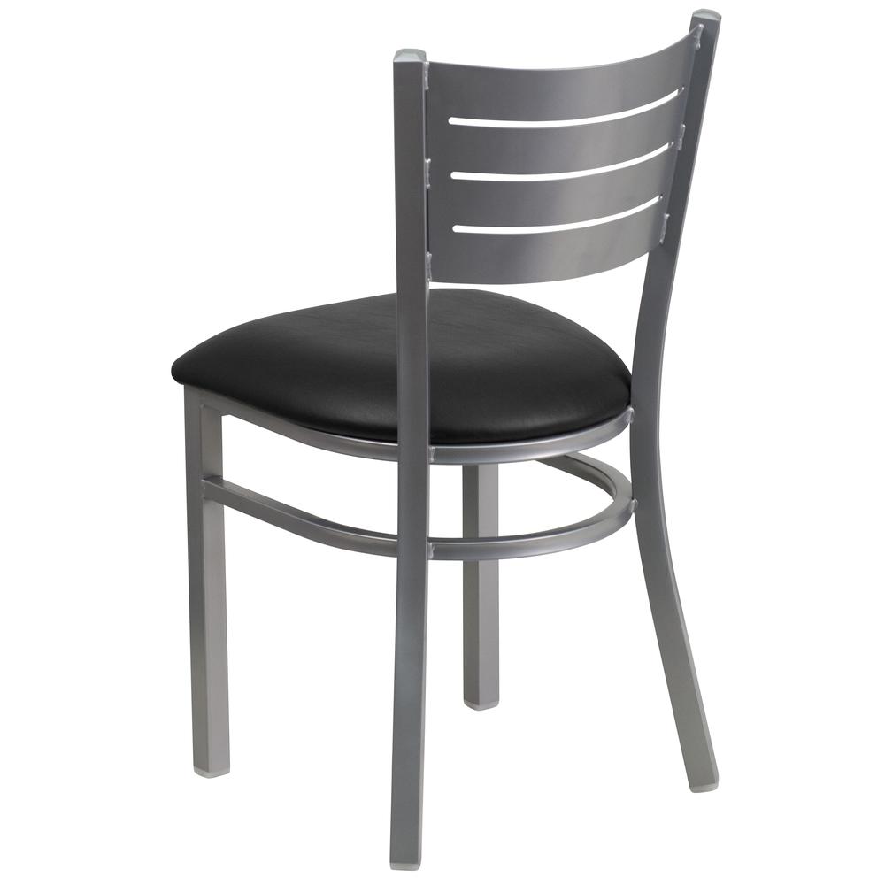 Silver Slat Back Metal Restaurant Chair - Black Vinyl Seat. Picture 3