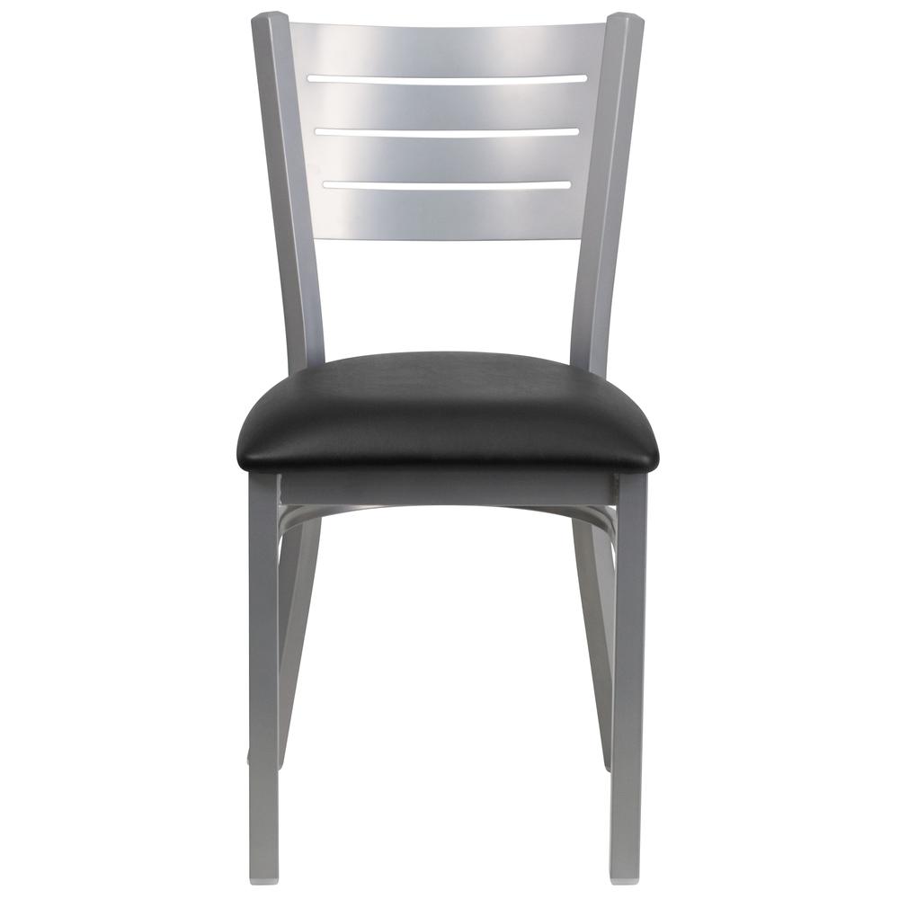 Silver Slat Back Metal Restaurant Chair - Black Vinyl Seat. Picture 4