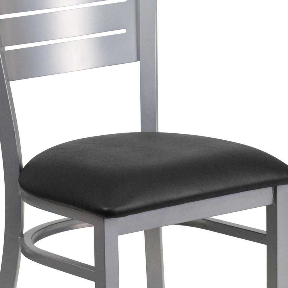 Silver Slat Back Metal Restaurant Chair - Black Vinyl Seat. Picture 5