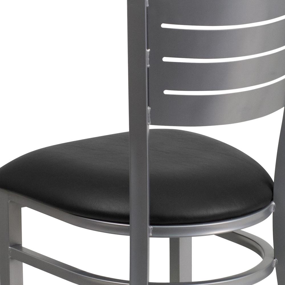 Silver Slat Back Metal Restaurant Chair - Black Vinyl Seat. Picture 6