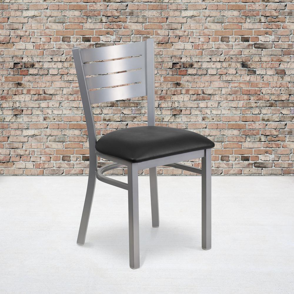 Silver Slat Back Metal Restaurant Chair - Black Vinyl Seat. Picture 7