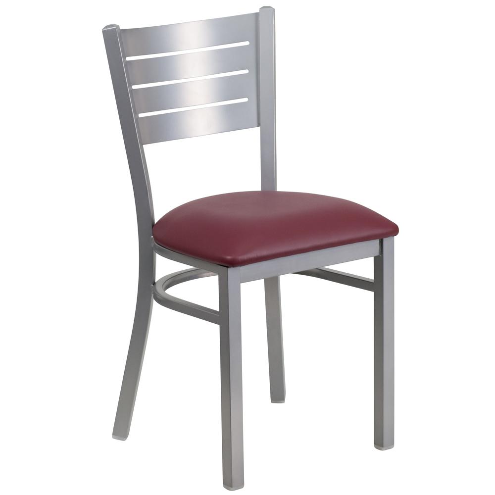 Silver Slat Back Metal Restaurant Chair - Burgundy Vinyl Seat. Picture 1