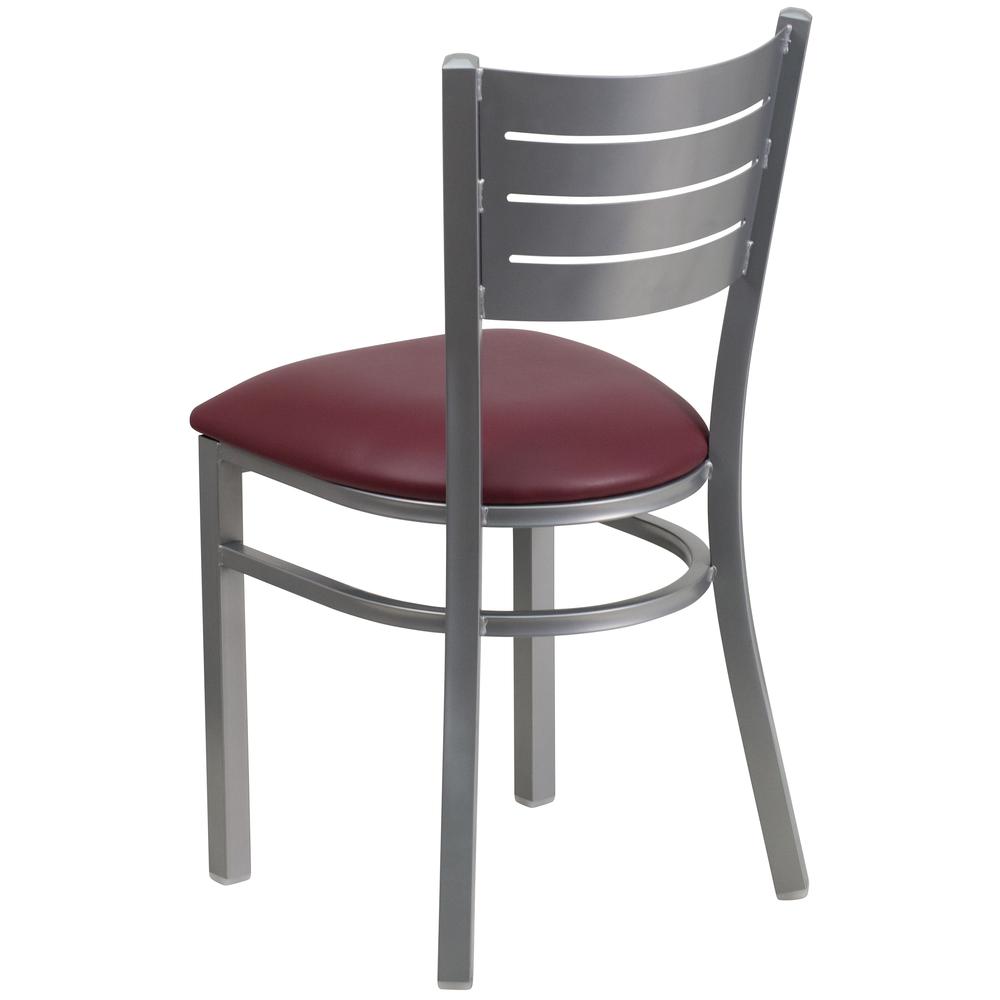 Silver Slat Back Metal Restaurant Chair - Burgundy Vinyl Seat. Picture 3